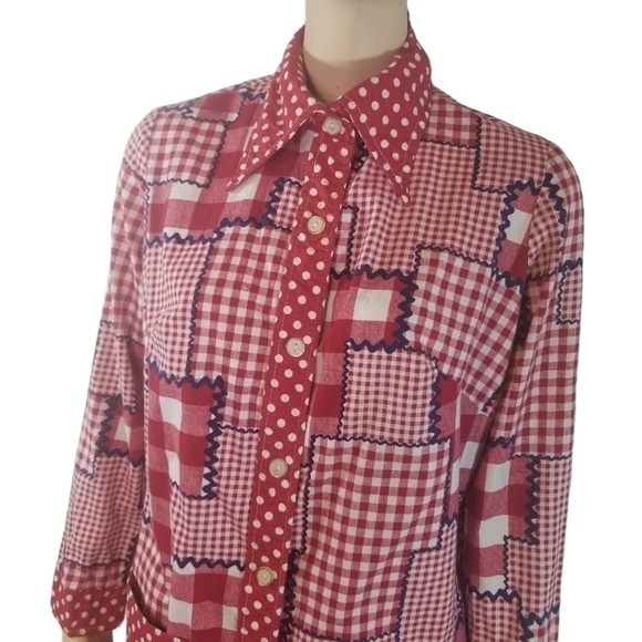 Vtg 70s red gingham plaid patchwork long sleeve maxi dress - Picture 3 of 12